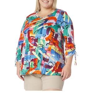 Ali Miles Multicolor Brush Stroke Art-to-Wear 3/4 Cinch Sleeve Top Plus Size 1X